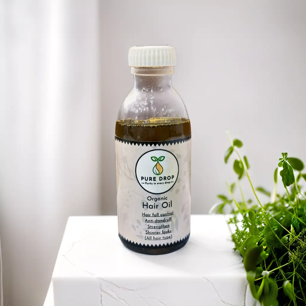 Puredrop - Natural organic herbal hair oil bottle on shelf